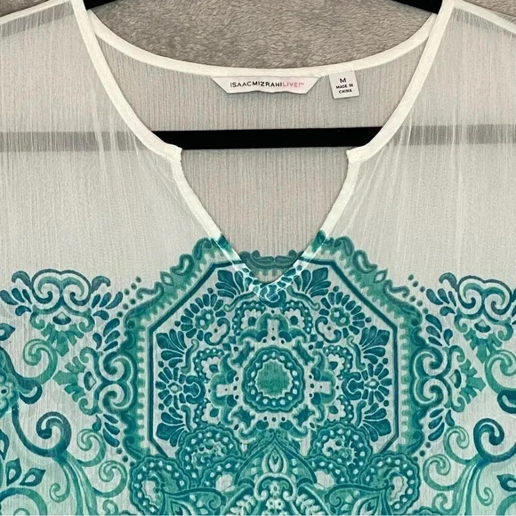 ISAAC Mizrahi M Medium Top Shirt Blue Paisley Short Sleeve V Neck Sheer P21 - Picture 3 of 6
